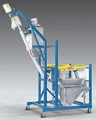 Mobile Half-Frame Bulk Bag Discharger has Manual Dump Station, Flexible Screw Conveyor